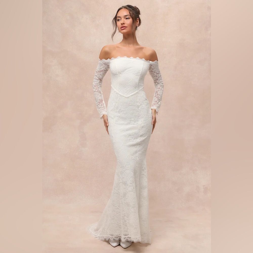 Lulus Beloved Promise White Lace Off-the-Shoulder Mermaid Maxi Dress